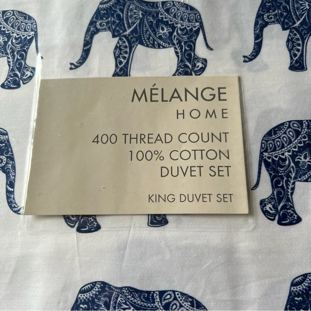 MELANGE HOME ELEPHANT PRINT 400 TC DUVET COVER AND 2 SHAMS NAVY/WHITE NWT